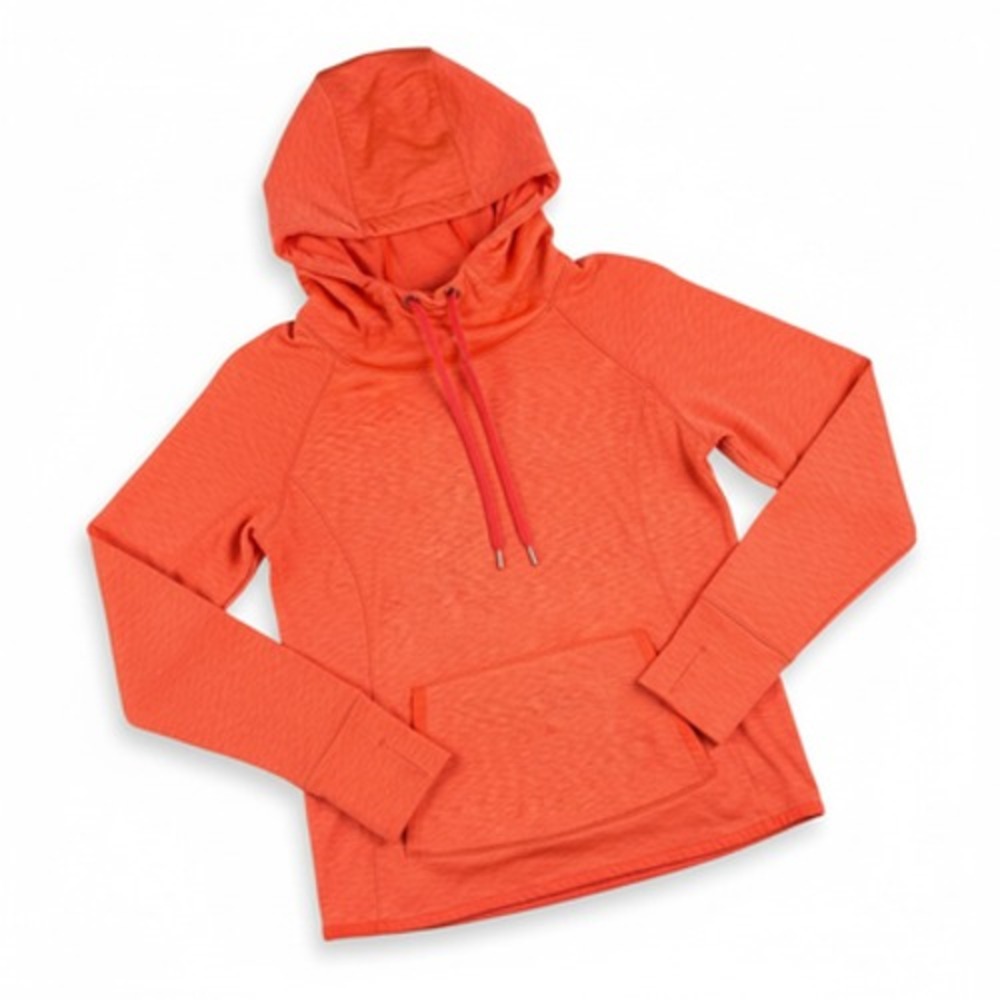 Athleta Hoodie Womens Medium Orange Coral Pullover Thumbholes Kangaroo Pocket